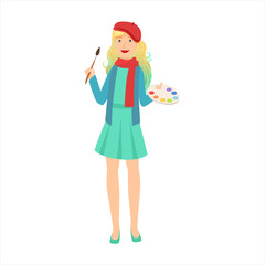 Woman Artist Painter With Paintbrush And Palette, Part Of Happy People And Their Professions Collection Of Vector Characters