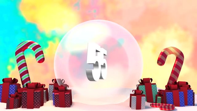 3D numbers countdown from 60 to 0. Beautiful and artistic paint brush texture background with fireworks explosion effect. Christmas ornaments, gift boxes and sweet candy canes.
