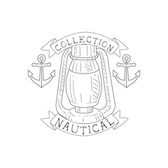 Oil Lamp And Anchors Vintage Sea And Nautical Symbol Hand Drawn Sketch Label Template