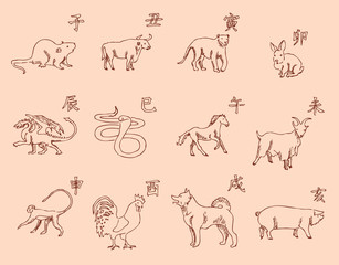 12 animals of the Chinese zodiac calendar. The symbols of the New Year, Eastern calendar. Sketch pencil. Drawing by hand. Vintage colors. Vector