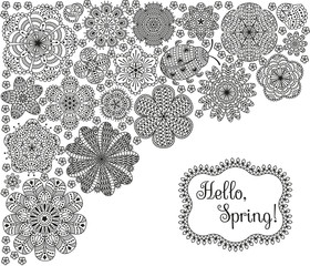 Romantic background with flowers and ladybug. Floral card design with place for your text. Pattern with spring theme. Detailed vector illustration. 