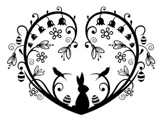 Fototapeta premium Scherenschnitt Herz mit Osterhase, Ostereier Schneeglöckchen und Maiglöckchen.