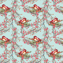 Seamless Pattern with Birds and Berries