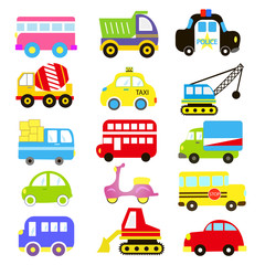 Vector of Transportation theme with Car, Vehicle, truck, taxi, tourist bus, train. A set of cute and colorful icon collection isolated on white background