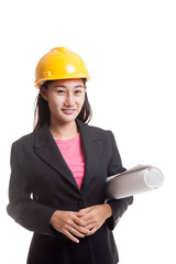 Asian engineer woman with blueprints.