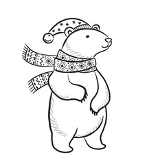 Hand drawn outline print with polar bear in winter scarf and hat