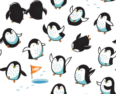 Seamless pattern with funny hand drawn penguins
