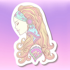 Fashion patch badges with Young woman with long hair in medieval