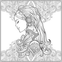  Young woman with long hair in medieval costume on decorative pa