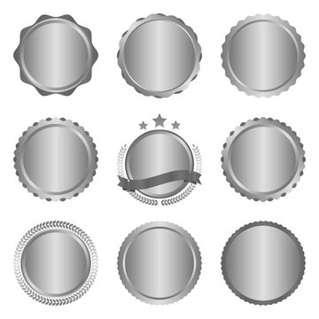 Collection of modern, metal silver circle metal badges, labels and design elements. Vector illustration