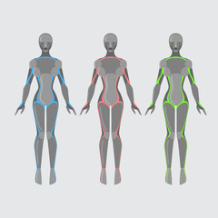 Robot woman, female cyborg, technology characters, flat humanoid from future, mechanical chrome body