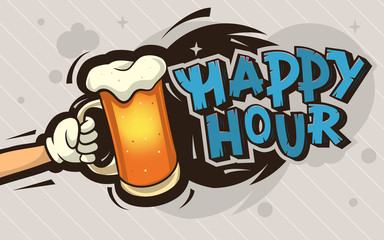 Happy Hour Cartoon Poster Design With An Illustration Of A Hand 