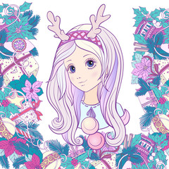Young girl with long purple hair with a rim for hair with antler