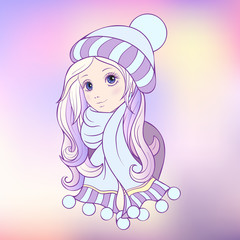 The girl with big eyes in a winter hat and scarf. illustration i