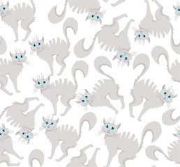 Halloween vector cartoon hand drawn cat seamless pattern