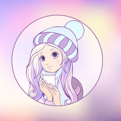 The girl with big eyes in a winter hat and scarf and cap of tea.