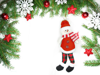 Obraz premium christmas decoration composition with fir branches on white back