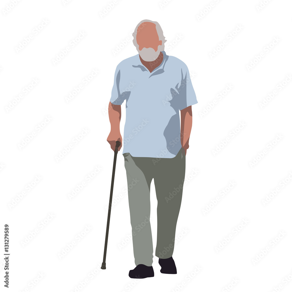 Wall mural old man walks and relies on cane. flat vector illustration