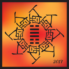 Symbol of 2017 New Year from chinese hieroglyphs. Translation of zodiac feng shui signs hieroglyphs- Fire and Rooster. Yin Fire Rooster Year. Hexagram of chinese year.