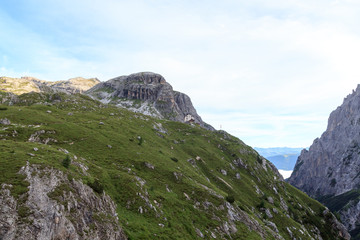 Alpine Hut Zsigmondyhütte, valley Fischleintal and mountains in Sexten Dolomites, South Tyrol, Italy