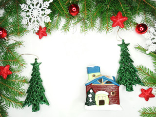 christmas decoration composition with fir branches on white back