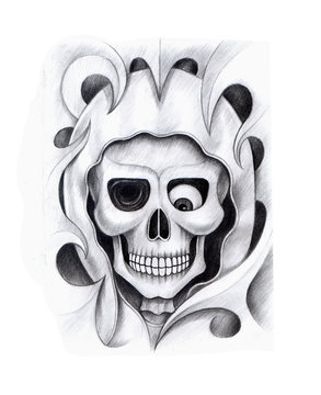 Art design skull head mix graphic tribal tattoo hand pencil drawing on paper.