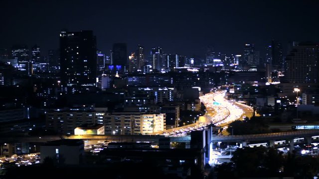 View of Business Building Bangkok city area traffic location at night life, high angle shot in HD, Din Daeng District BANGKOK, Thailand