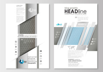 Blog graphic business templates. Page website template, easy editable, abstract vector layout. Scientific medical research, chemistry pattern, hexagonal design molecule structure, science background.