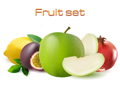 Vector realistic 3d fruit set. Passionfruit, pomegranate, lemon apple isolated