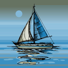 Sailing boat vector color sketch with reflection. Night moon on the sea yacht floating on the water surface.