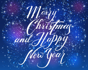 Merry Christmas and Happy New Year with firework on blue backgro