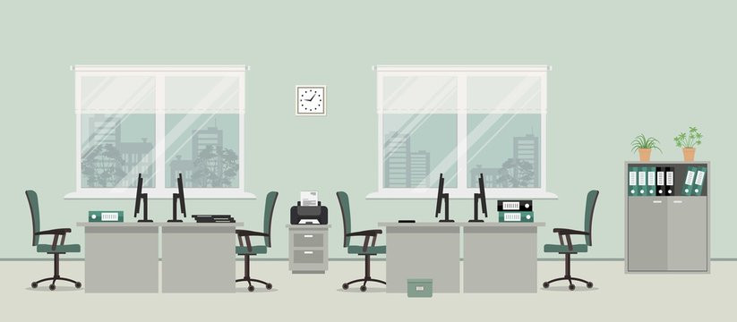 Office room in a gray color. There are tables, green chairs, case for documents, printer and other objects in the picture. Vector flat illustration