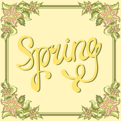 Spring background with place for text. Vector floral  banner with leaves and flowers. For inviting, greeting cards, labels.
