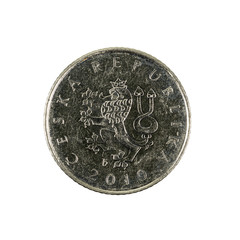 one czech krone coin (2010) isolated on white background