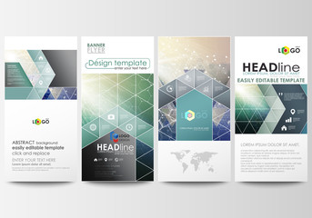Flyers set, modern banners. Business templates. Cover design template, easy editable vector layouts. Chemistry pattern, hexagonal molecule structure. Medicine, science, technology concept.
