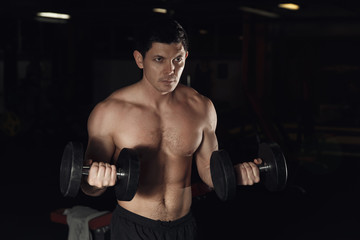 Fototapeta na wymiar very power athletic guy bodybuilder, execute exercise with dumbbells, in dark gym.