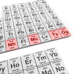 3d rendering of periodic table of elements, focused on four new elements added in 2016