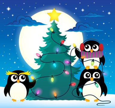 Penguins around Christmas tree theme 3