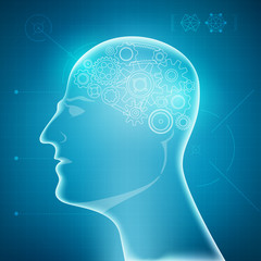 buleprint of A.I. invention, robot brain diagram, 3D body part of human on a blue background, technology of man healthcare