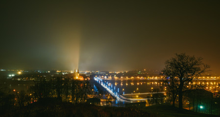 Misty night view of Kaunas from Aleksotas hill, Lithuania