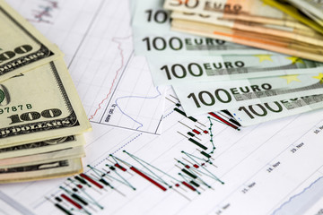 Concept of currency trading. .Hundred us dollar bills . Piles of euro bills. Currency us euro exchange chart under the bills. 200 euro bills, 100 euro fan shaped. Close up image.
