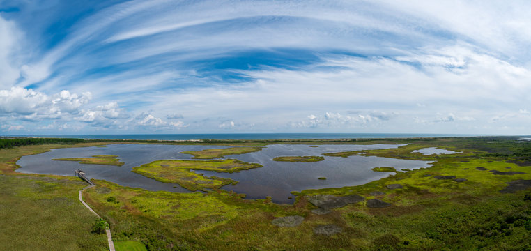 Panorama aerial view of the wetlands in North Carolina 
