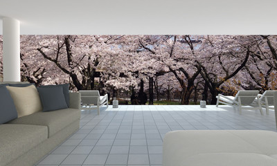 Japan style living room interior with sakura flower tree-3d rendering