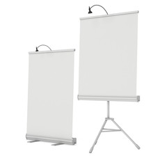Blank Roll Up Expo Banner Stand Group. Trade show booth white and blank. 3d render illustration isolated on white background. Template mockup for your expo design.