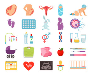 Conceiving child and pregnancy, prenatal childbearing birth, motherhood flat vector icons