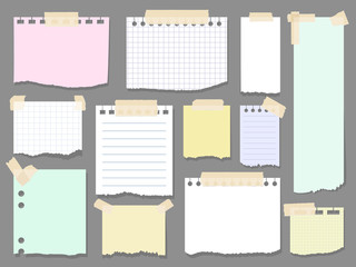 Paper torn page notes. Blank notepad pages with adhesive tape pieces vector illustration