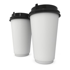 Disposable coffee cups. Blank paper mug with plastic cap. 3d render isolated on white background