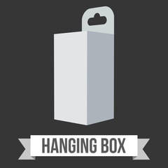 Blank paper hanging box. Packaging container with hanging hole. Mock up template. Vector illustration on black background.