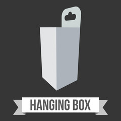 Blank paper hanging box. Packaging container with hanging hole. Mock up template. Vector illustration on black background.