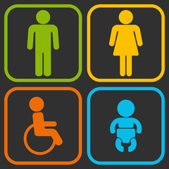 Set of 4 restroom web and mobile icons. Man, woman, child, disability. Vector illustration